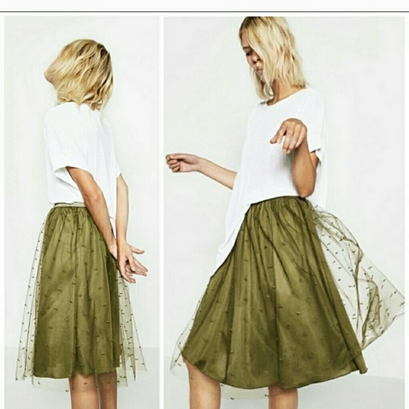Zara Dresses & Skirts - Zara basic midi tulle overlay skirt olive green 💋